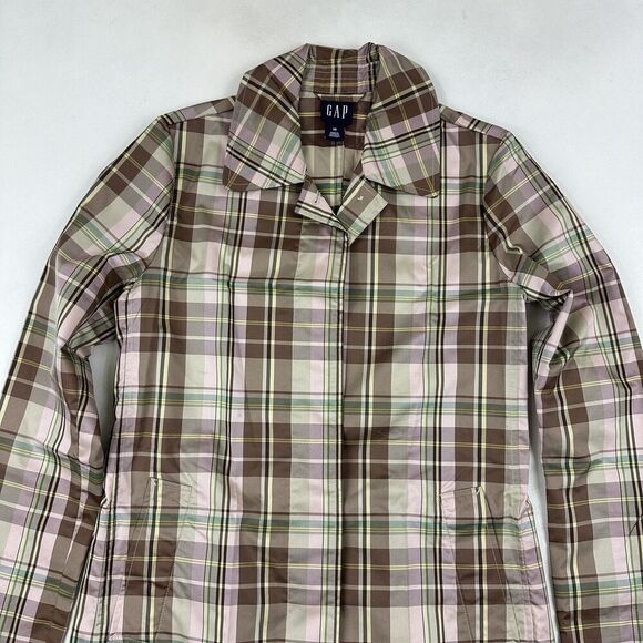 GAP Y2K Multicolor Plaid Lightweight Trench Coat Collared Buttons Size XS Poly - Picture 5 of 14